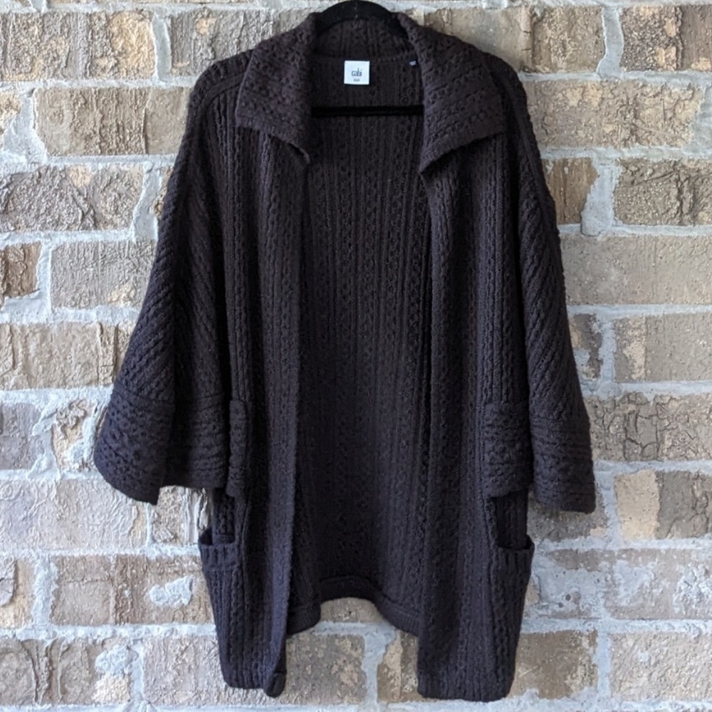 CAbi dark brown chunky knit collared wide sleeve open front cardigan sweater